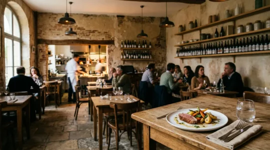 Ambiance chaleureuse d'un restaurant bistronomique français avec assiette créative et produits frais