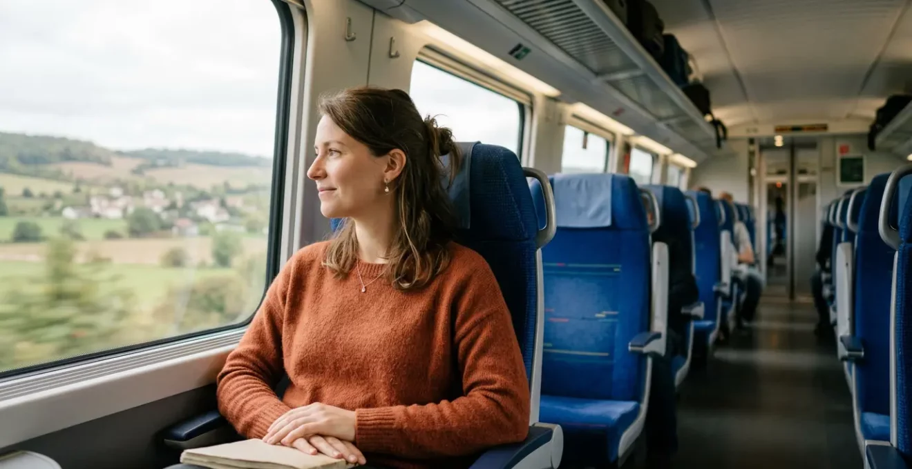 Voyageur consultant son smartphone dans un TGV moderne français avec paysage en arrière-plan