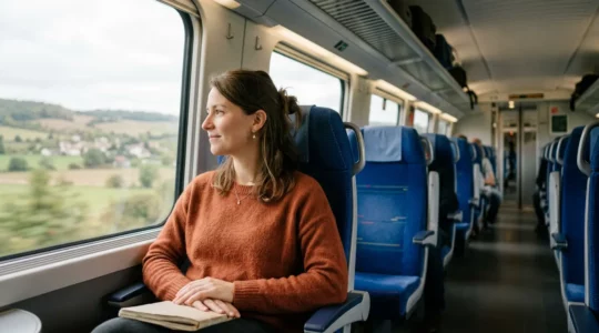 Voyageur consultant son smartphone dans un TGV moderne français avec paysage en arrière-plan