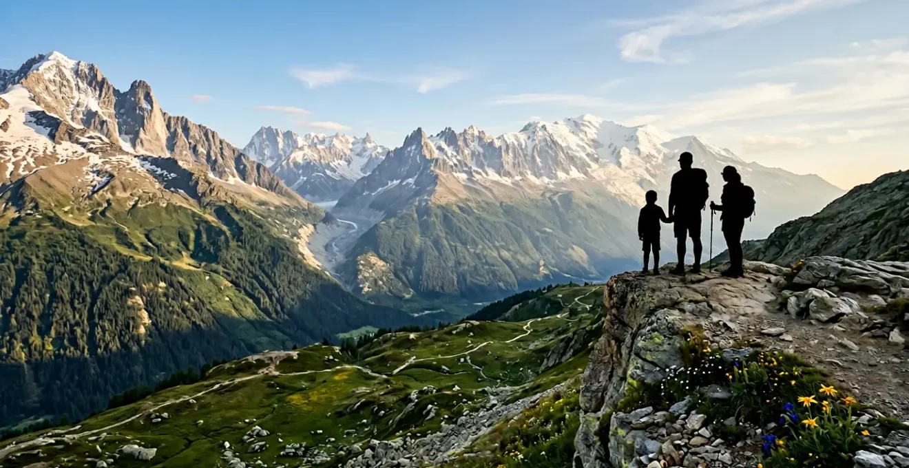 Randonneurs en famille contemplant un panorama alpin estival avec sommets et vallées verdoyantes