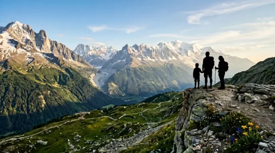 Randonneurs en famille contemplant un panorama alpin estival avec sommets et vallées verdoyantes
