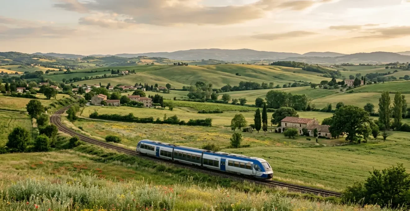 Train régional TER traversant un paysage rural français avec des collines verdoyantes en arrière-plan