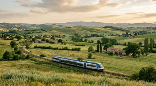 Train régional TER traversant un paysage rural français avec des collines verdoyantes en arrière-plan