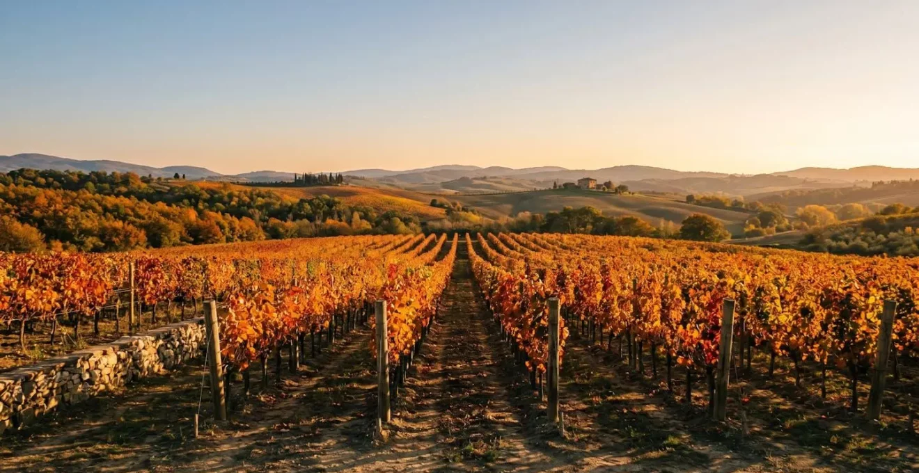 Vignoble en automne avec feuilles de vigne dorées et collines en arrière-plan