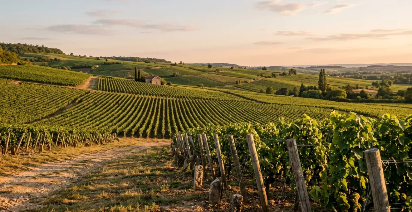 Paysage de vignobles vallonnés en France avec rangées de vignes sous un ciel doré