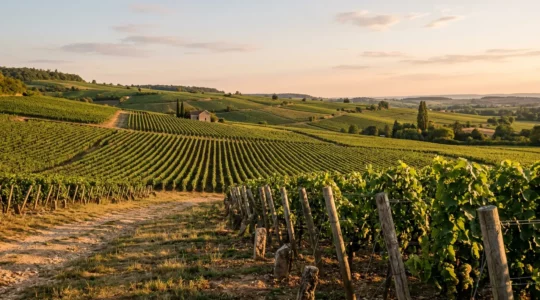 Paysage de vignobles vallonnés en France avec rangées de vignes sous un ciel doré