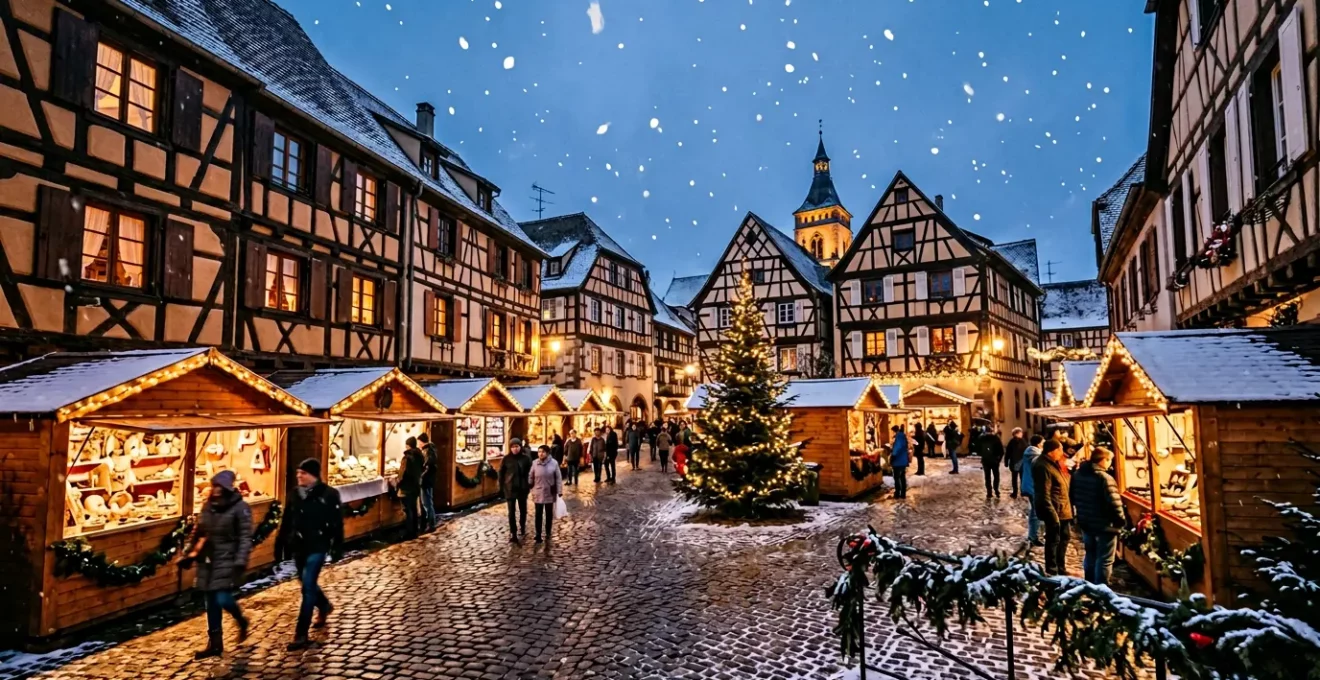 Village alsacien illuminé aux décorations de Noël avec maisons à colombages traditionnelles sous la neige