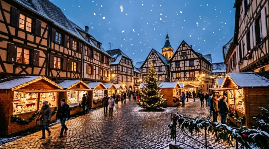 Village alsacien illuminé aux décorations de Noël avec maisons à colombages traditionnelles sous la neige