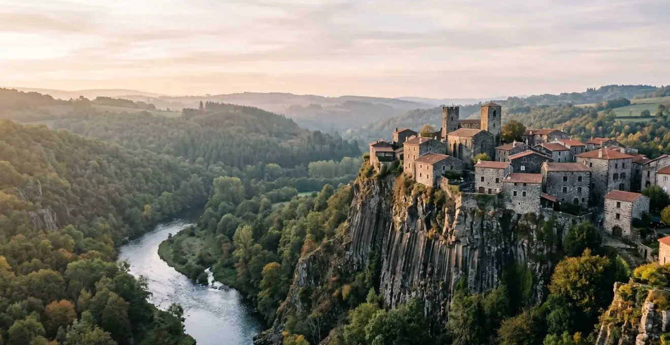 Vue atmosphérique d'un village méconnu d'Auvergne perché sur des colonnes basaltiques au-dessus d'une rivière, baigné dans la lumière douce du matin