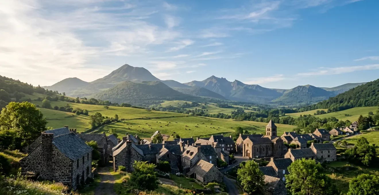 Vue panoramique d'un village authentique aux toits de lauzes noires dominé par la chaîne des volcans auvergnats sous un ciel de printemps