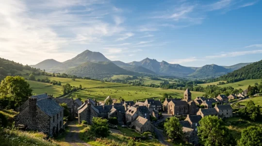 Vue panoramique d'un village authentique aux toits de lauzes noires dominé par la chaîne des volcans auvergnats sous un ciel de printemps