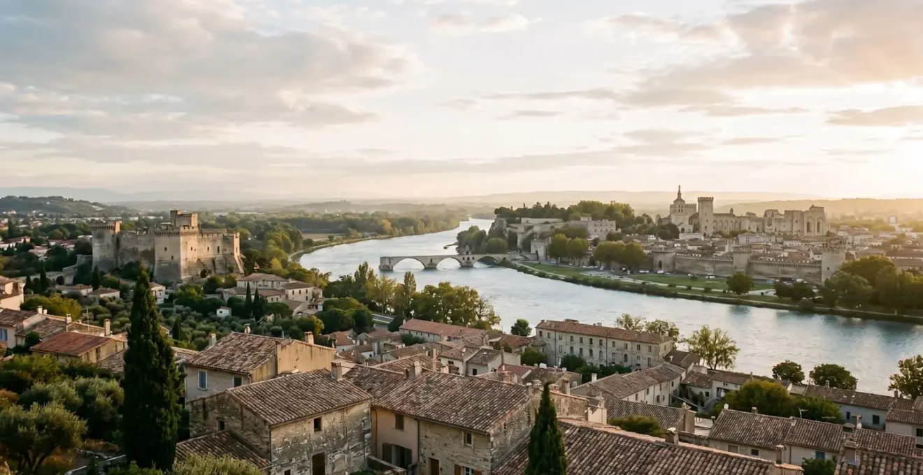 Vue panoramique de Villeneuve-lès-Avignon avec le Rhône et les remparts d'Avignon en arrière-plan