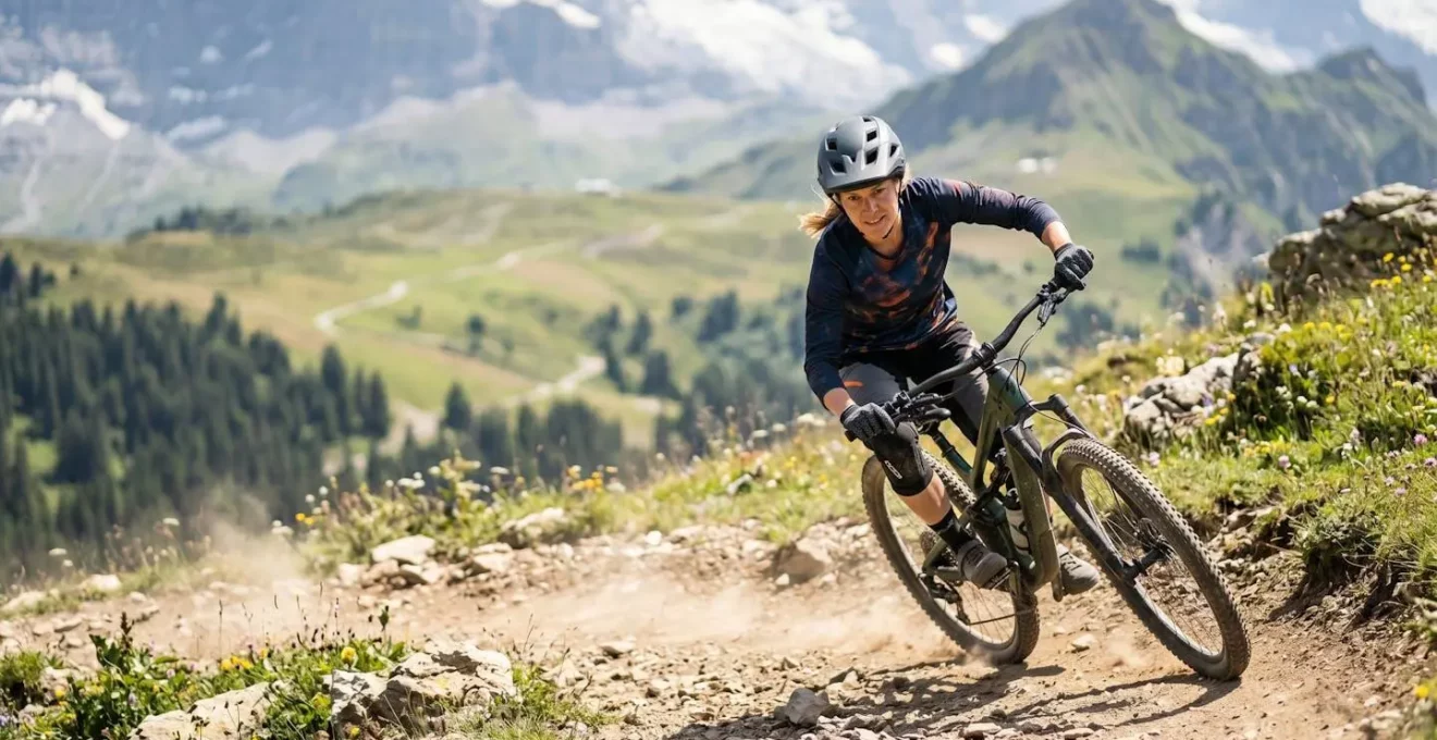 Cycliste en VTT sur un sentier de bike park en montagne avec vue sur les sommets alpins