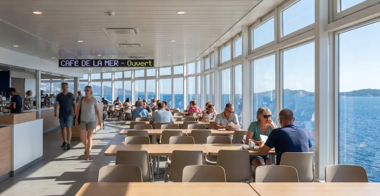 Espace de restauration moderne à bord d'un ferry avec grandes baies vitrées donnant sur la Méditerranée, tables contemporaines et lumière naturelle