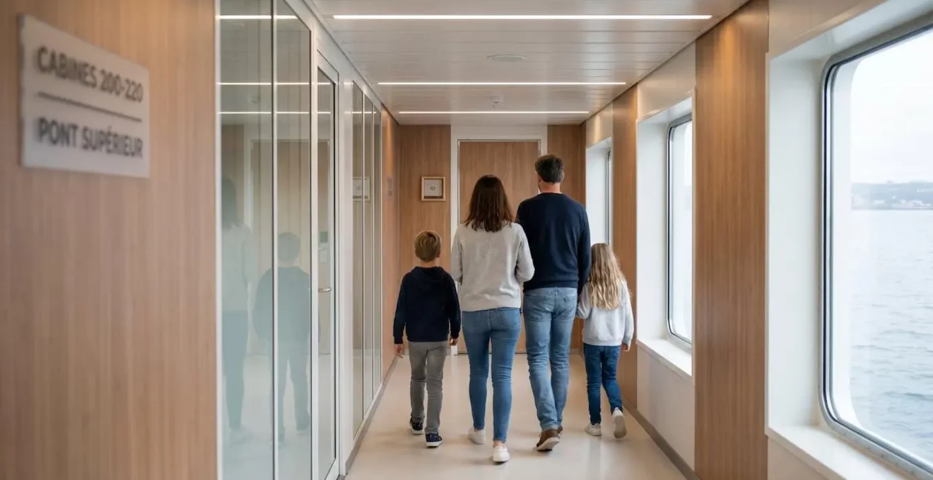 Vue de dos d'une famille avec deux enfants marchant dans un couloir lumineux de ferry moderne en direction des cabines