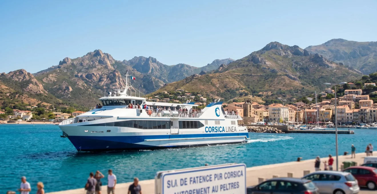 Un ferry moderne approche d'un port corse avec en arrière-plan des montagnes verdoyantes sous un ciel méditerranéen lumineux
