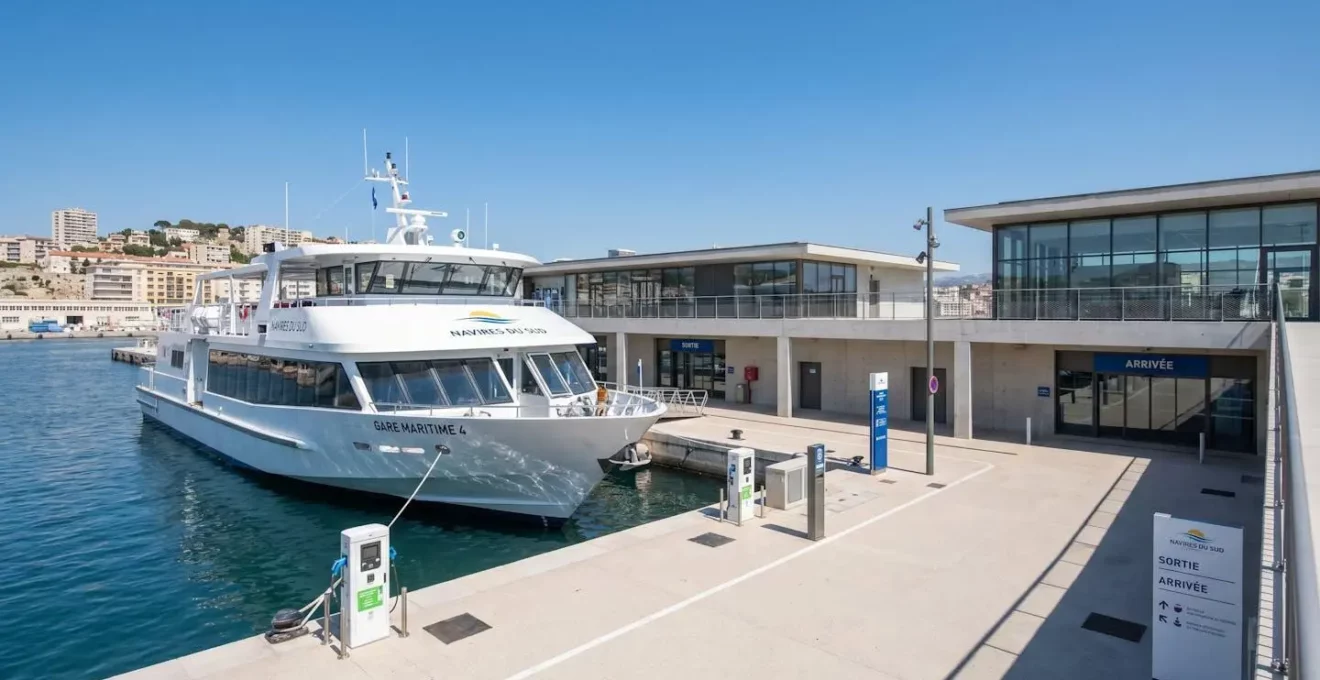 Un ferry moderne amarré dans un port méditerranéen sous un ciel dégagé avec infrastructure portuaire contemporaine visible