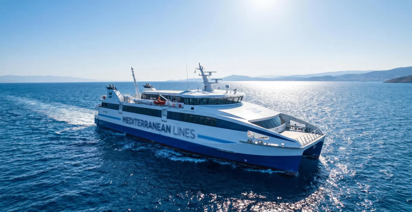 Un ferry moderne navigue sur une mer Méditerranée d'un bleu éclatant sous un ciel dégagé, vue grand angle sur le navire en mouvement