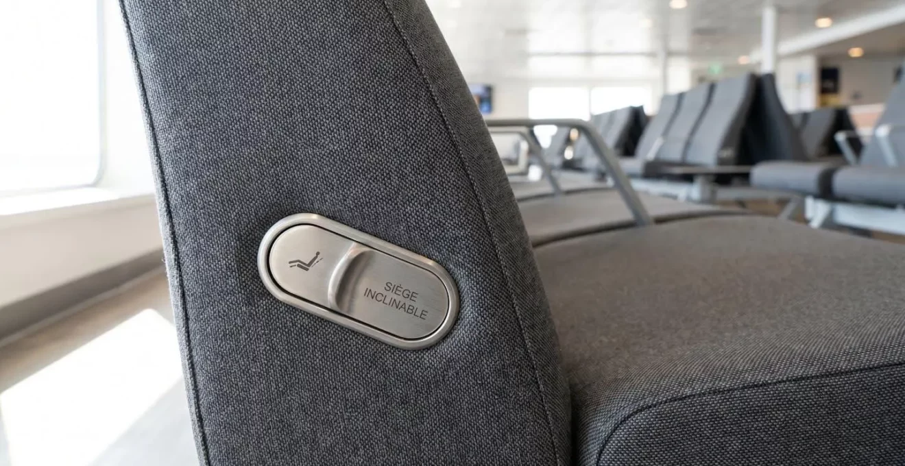 Gros plan détaillé sur le bouton de réglage d'inclinaison d'un fauteuil de ferry moderne, tissu contemporain en arrière-plan flouté