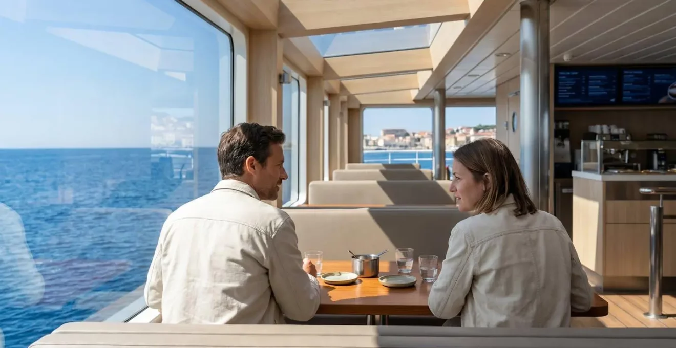Vue de profil de deux personnes attablées dans un restaurant moderne de ferry avec grandes baies vitrées donnant sur la Méditerranée