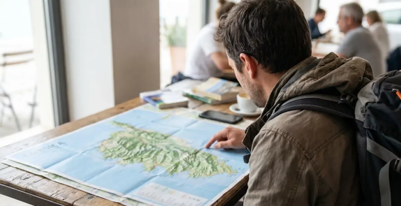 Voyageur vu de dos consultant une carte routière de la Corse sur une table, geste naturel de planification de voyage, lumière naturelle ambiante