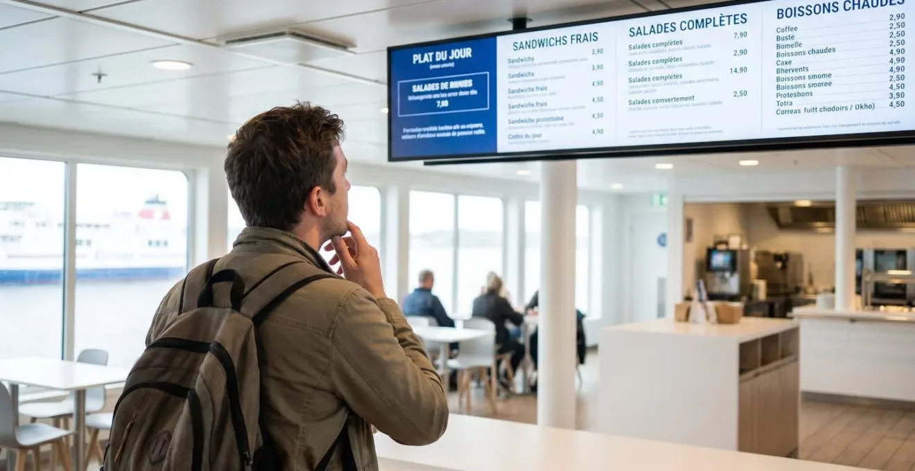 Voyageur vu de dos devant un panneau menu dans l'espace self-service d'un ferry moderne