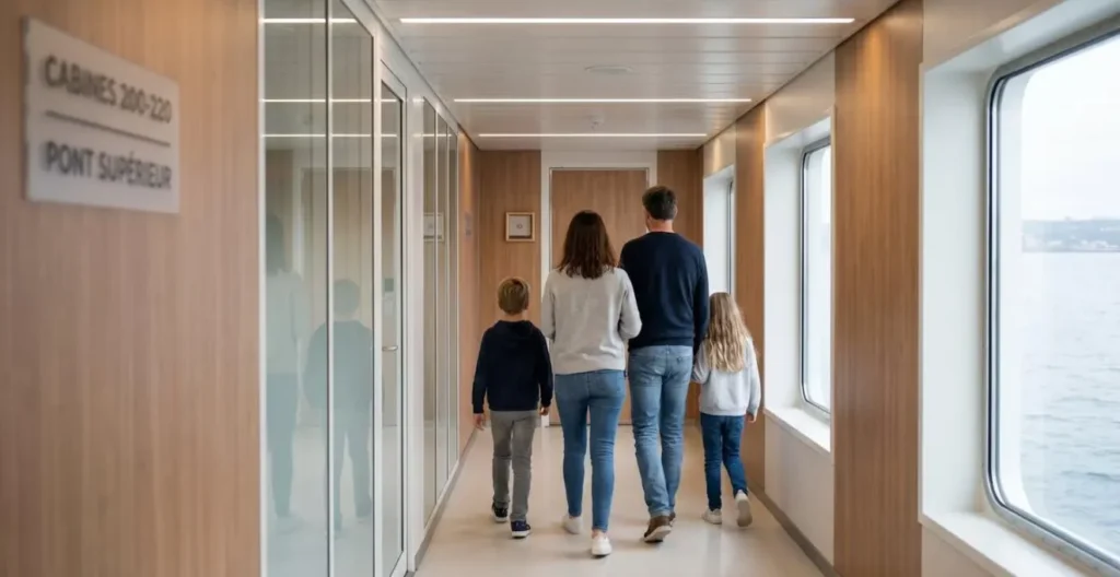 Vue de dos d'une famille avec deux enfants marchant dans un couloir lumineux de ferry moderne en direction des cabines